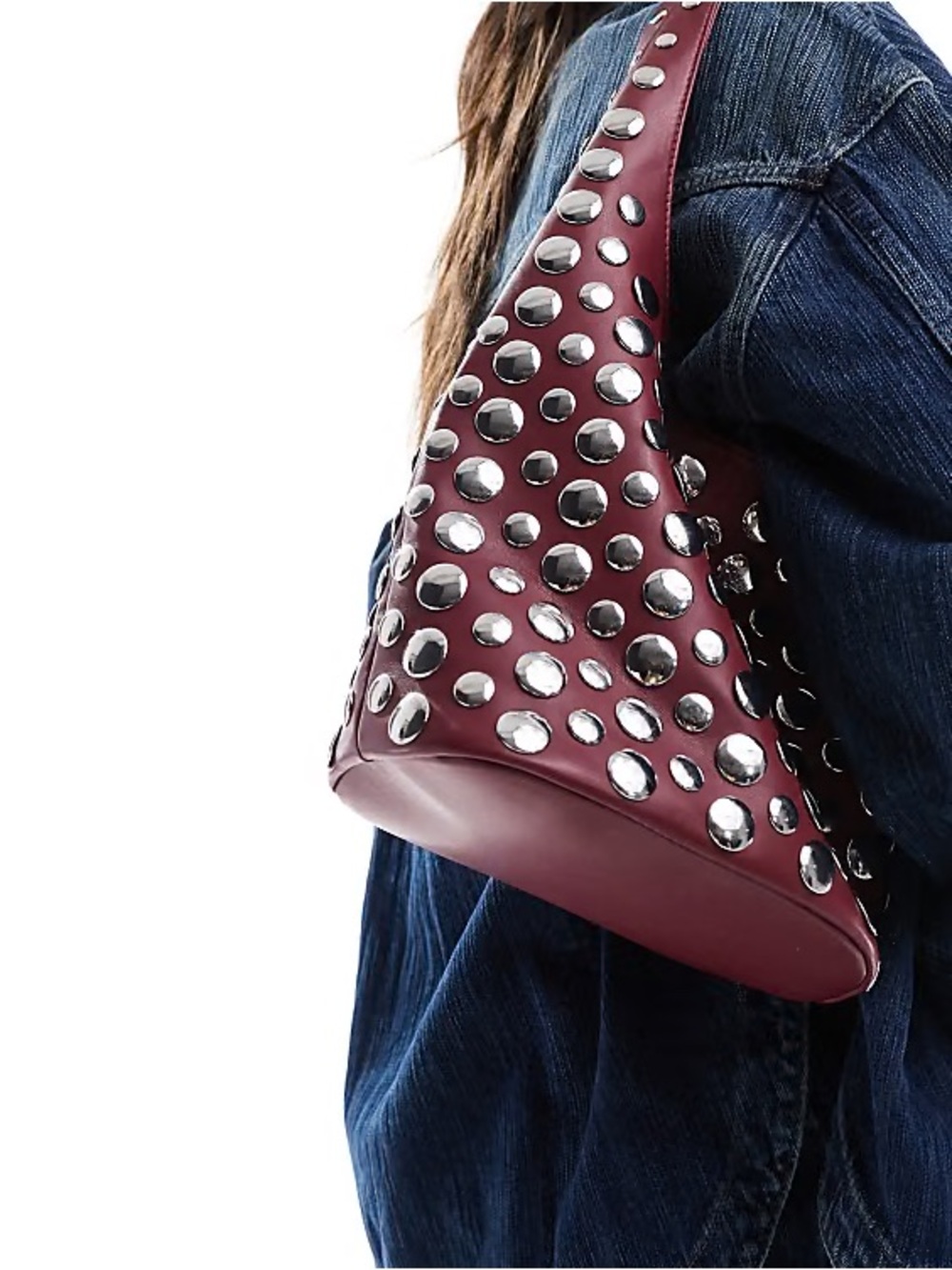 stradivarius Burgundy Studded Shoulder Bag